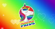 Image of pride text, unicorn and hearts