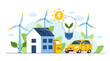 © tanyabosyk - Renewable energy concept. Vector illustration of clean electric energy from renewable sources, sun, and wind. Sustainable green energy, renewable energy sources, and green electricity
