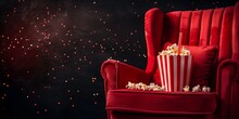One Red Cinema Chair With A Soda Drink And A Popcorn Basket, Banner On Black Background