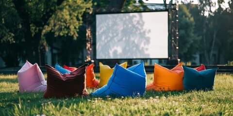 open air cinema with colorful bean bag. empty white screen, free space for text or montage