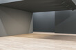 Dark gallery interior with concrete walls, mock up place and wooden flooring. 3D Rendering.