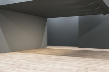Wall Mural - Dark gallery interior with concrete walls, mock up place and wooden flooring. 3D Rendering.