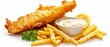 British fish and chips with Tartar sauce on white background