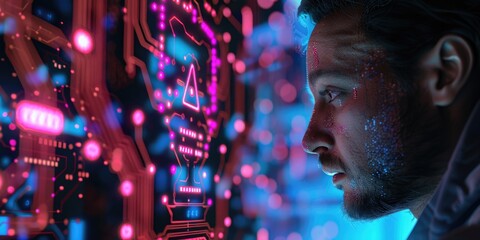 Wall Mural - Man is looking at computer screen with lot of lights and numbers