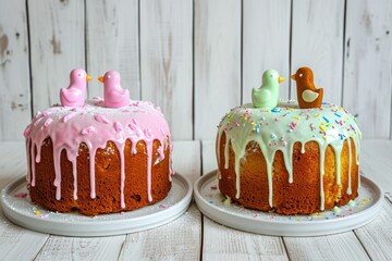 Two cakes with birds on top of them