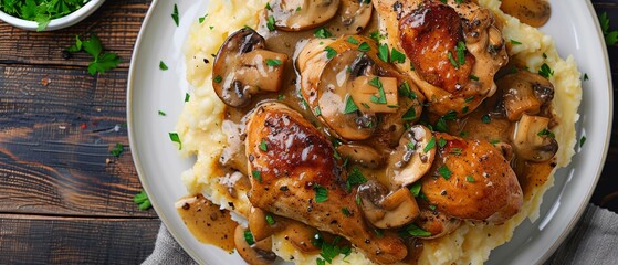 Wall Mural - Chicken and mushroom sauce on a plate top view horizontal