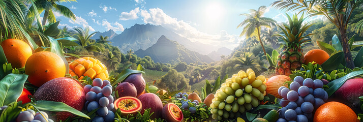Wall Mural - Various tropical fruits with tropical forrest background for web template and banner.