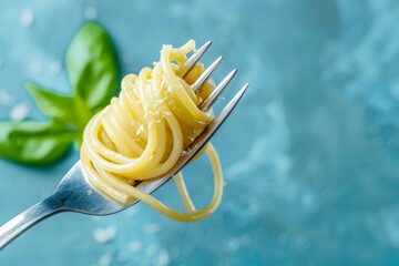 Canvas Print - Close up of fork with delicious pasta and basil on colored background