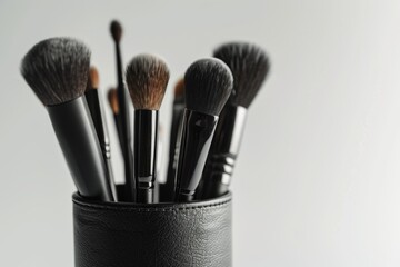 Sticker - Close up of professional makeup brushes in black tube on white background with copy space