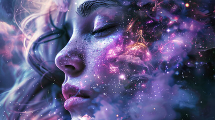 Wall Mural - The face of a dreamy girl in purple colors, dream and meditation concept