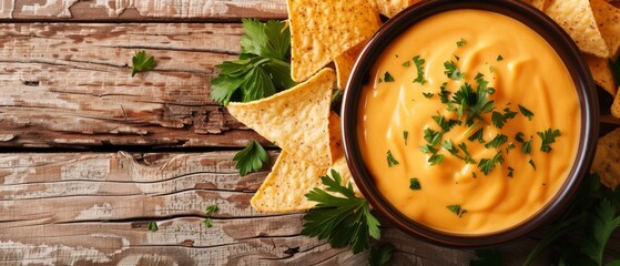 Wall Mural - Closeup of tasty cheese sauce with nacho and parsley on wooden table