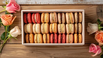 Sticker - Colorful macaroons and roses on wooden table sweet macarons in gift box viewed from above