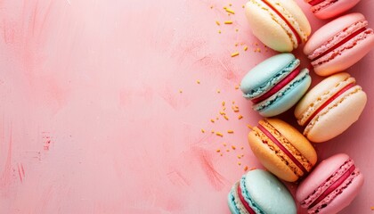 Wall Mural - Colorful macaroons with copy space on a color background