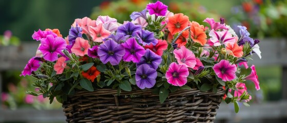 Sticker - Colorful petunias in an outdoor basket