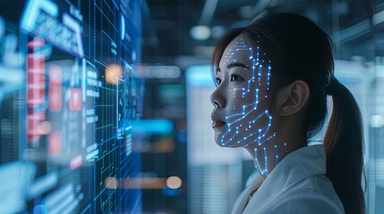 Woman Interfacing with Advanced Technology Display
 An Asian woman with illuminated digital interface graphics on her face analyzing data on a high-tech screen in a modern setting.
