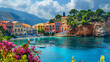 Colorful Greece Series: Colorful Assos with Beautiful Traditional Buildings and Vibrant Mediterranean Atmosphere, Travel Destination Postcard, Generative AI

