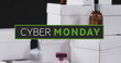 Image of cyber monday text over boxes and beauty products