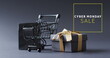 Image of cyber monday sale text over shopping trolley and gifts