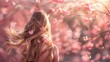 Blonde Woman Entranced by Cherry Blossoms Spring Marvel in Peaceful Garden