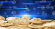 Image of digital icons over stacks of gold yen coins on blue background
