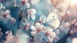 Weißer Schmetterling auf blühenden Kirschast, White butterfly on a flowering cherry branch