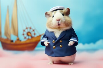 Wall Mural - 
Photo of a guinea pig wearing a pastel blue sailor outfit, holding a tiny anchor, against a pastel pink backdrop reminiscent of a cosmic seascape.