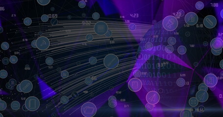 Image of digital icons over globe with binary coding in background