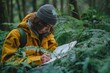 Curly-haired youth in yellow jacket writing in notebook surrounded by lush ferns, Concept of nature, education, and creative inspiration