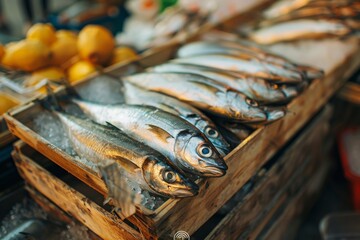 Poster - Fresh organic fish sprats at market