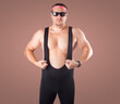 fat man in sports tights, sunglasses and headband on a