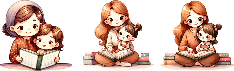 Mom and daughter reading together, Watercolor, Mother's day concept.