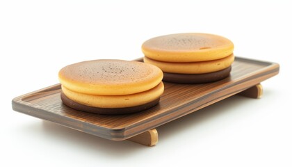 Poster - Japanese confectionery called Dorayaki on a white background resting on a wooden tray