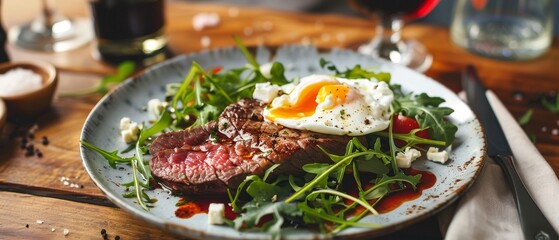 Sticker - Large juicy steak with poached egg rucola salad goat cheese in olive oil on a plate accompanied by a glass of red wine a beautiful restaurant dish