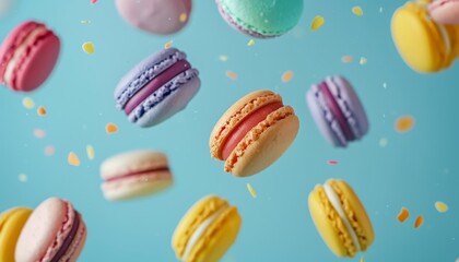 Sticker - Macaroons macarons in various colors falling flying on blue background