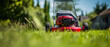 A lawn mower is being used to mow the grass panorama.