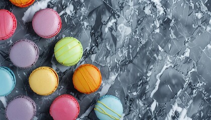 Poster - Pastel colored macarons on grey marble surface viewed from above