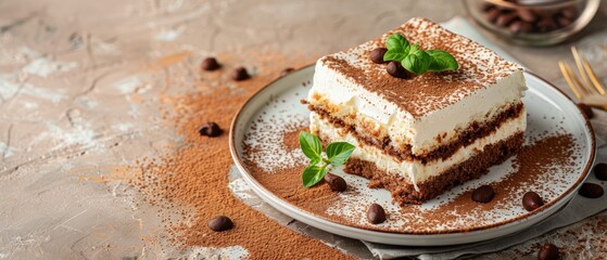 Wall Mural - Plate with delicious tiramisu on a light brown background