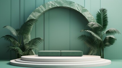 Wall Mural - Minimalistic podium stand for summer fashion showcase with abstract luxury plant design