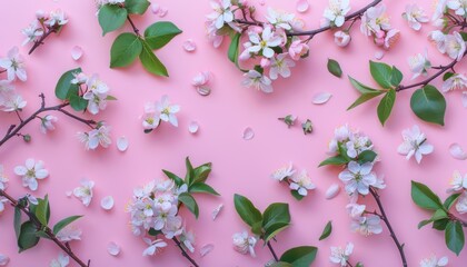 Wall Mural - Spring flowers and blooming branches on a pastel pink background Suitable for Valentines Day and Womens Day Flat lay close up with copy space