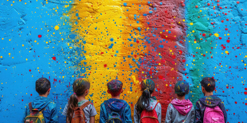 Wall Mural - Happy children with colorful face enjoy at holi color festival