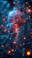Poster - Translucent brain abstraction of futuristic medicine showing chip implantation and connection with artificial intelligence.