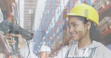 Sticker - Image of data processing over woman working in warehouse