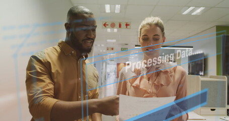 Wall Mural - Image of data processing text over diverse business people working in office