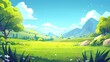 Nature landscape with green grass, bushes, trees, and blue skies near hills at the foot of high mountains. Cartoon modern panoramic scene with grassland and clouds. Countryside scene.