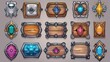 An illustration of vintage silver and wooden borders with shiny surfaces and gem stones adorned on a background of medieval game rank frames.