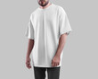 Oversized white t-shirt mockup on bearded man, fashion streetwear for design, print, pattern, branding, front view.