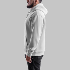 Poster - Oversized white hoodie template on bearded man, side view, textile apparel with pocket, laces, label for design.