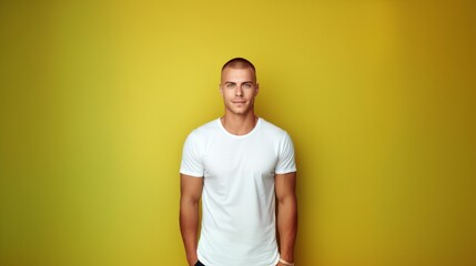 Wall Mural - Young man in white t-shirt on yellow background. Mockup of t-shirt.