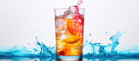 Poster - A glass of iced tea with a splash of electric blue liquid coming out, refreshing drinkware on the table