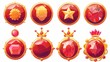Cartoon modern set of evolution stages of royal trophy medal or emblem. Red round shape badge with star, golden frame, gemstones and crown decorations for game level rank progress.
